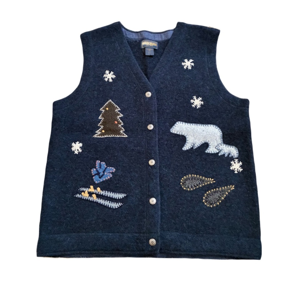 Woolrich Wool Vest, Sz. M, Navy w/ Winter Scene Appliqué, Metal Buttons